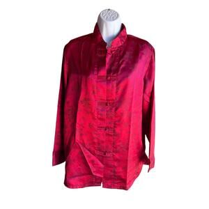 Inner Most Red Satin Jacquard Mandarin Collar Button Front Lounge Pajama Top M